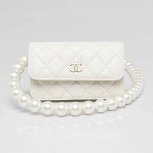 Chanel White Quilted Leather Pearl and Bow Mini WOC Clutch Bag